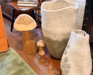 Felted wool baskets and eucalyptus wood mushroom sculptures