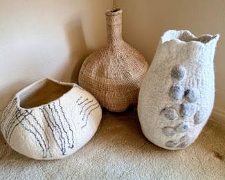 Felted wool baskets and woven garlic gourd basket