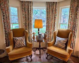 Pair of Vintage Queen Anne Style wingback chairs and Queen Anne Style Tilt Top Table by Hickory Chair Company
