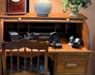 Oak Roll Top Secretaru, Mantel Clock, Vintage Cast Iron Table Mounted Pencil Sharpener "Jupiter"