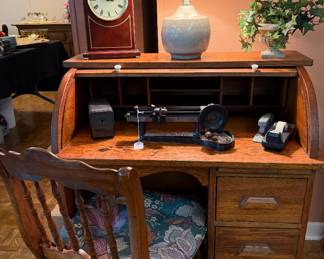 Oak Roll Top Secretaru, Mantel Clock, Vintage Cast Iron Table Mounted Pencil Sharpener "Jupiter"