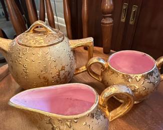 McCoy Sunburst Gold and Pink Teapot, Creamer, and Sugar Bowl Set