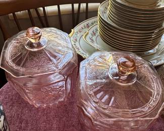 Pink Depression Glass Mayfair Open Rose Cookie Jar with Lid