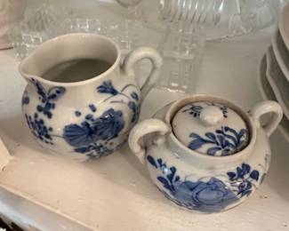 Blue and White Porcelain Sugar Bowl and Creamer Set