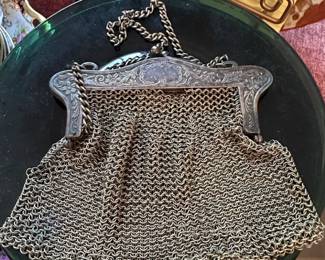 Antique W.B. Co. German Silver Mesh Coin Purse with Floral Engraving
