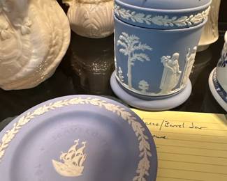 Wedgwood Jasperware Tobacco or Barrel Jar and Plate