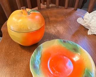 Japanese MidCentury Apple Jam Pot with Lid and Saucer