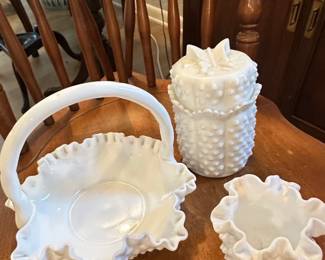 Fenton Hobnail Milk Glass Basket, Jar, and Bowl Set