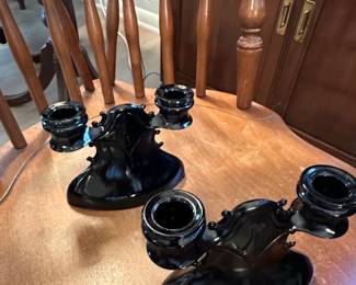 Black Amethyst Glass Candlestick Holders Pair