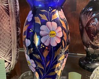 Egermann Czech Republic Cobalt Blue HandPainted Floral Vase