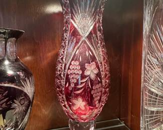 Bohemian Ruby Red CuttoClear Crystal Vase with Floral Engraving