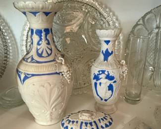 Pair of Bennington Parian Ware Blue and White Vases and Lidded Box