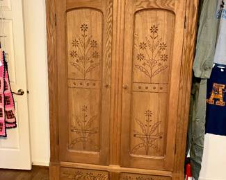 Folk carved oak armoire 55” w, 21” d, 83” h