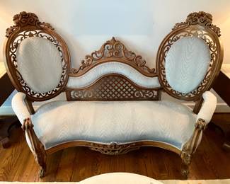 19th c laminated rosewood Rococco revival parlor suite (settee and chairs) in the manner of J. H. Belter. Settee is 64” w, 36” d, 45” h