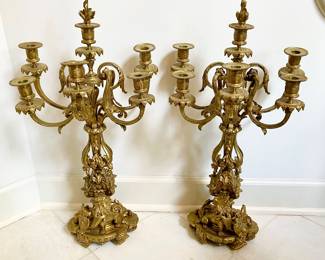 Pair of monumental dore bronze Louis XIV lion candelabra 14” x 28.5”