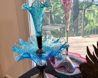 Blue and cranberry glass epergnes
