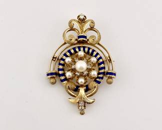 18k diamond, pearl, & enameled brooch
