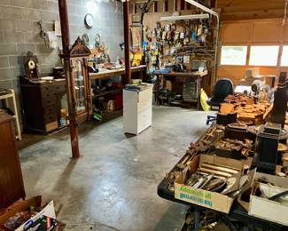 Garage full of clock parts