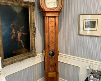 Early 19th c French Morbier clock by M. Delandre Fils. This clock strikes every hour and again at the 2 minute mark 22” w, 14” d, 96” h