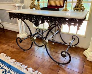 French wrought iron marble top bakers table