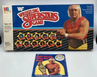 Vintage 1985 Wrestling Superstars Game Board Game Milton Bradley and 1985 Hulk Hogan Sticker Book
