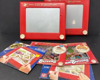 Two Vintage 1980s Magic Etch A Sketch Screens Ohio Art And 4 Action Packs