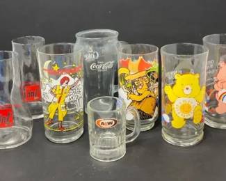Collection of Vintage Drinking Glasses Muppets Care Bears McDonalds 7up AW CocaCola Coke