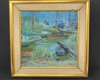 Vintage Impressionist Style Oil Painting Depicting Boats