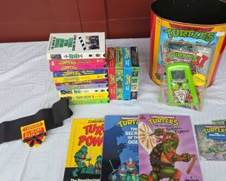 Vintage Teenage Mutant Ninja Turtles TMNT Collection Lot Metal Trash Can, VHS, Books  Sealed LCD