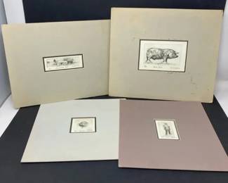 Collection Of 4 Vintage Al Barker Prints Pig Otter Blacksmith Man