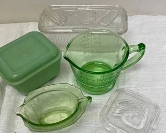 FireKing Philbe Jadeite refrigerator dish and other Anchor Hocking vintage glass dishes