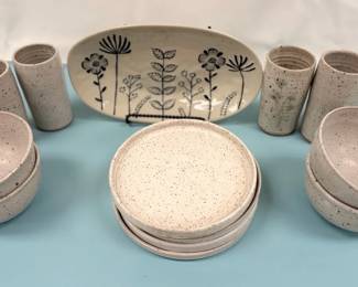 Stamped Handmade Pottery Dishware Set Of 4  Speckled
