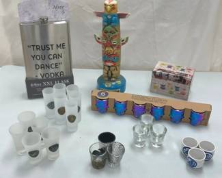 Novelty Shot Glasses, Vintage Ezra Brooks Totem Bottle And More