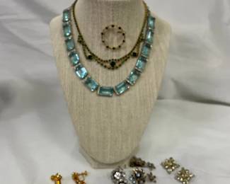 Vintage Glass Costume Jewelry Necklaces, Pin And Clip On Earrings
