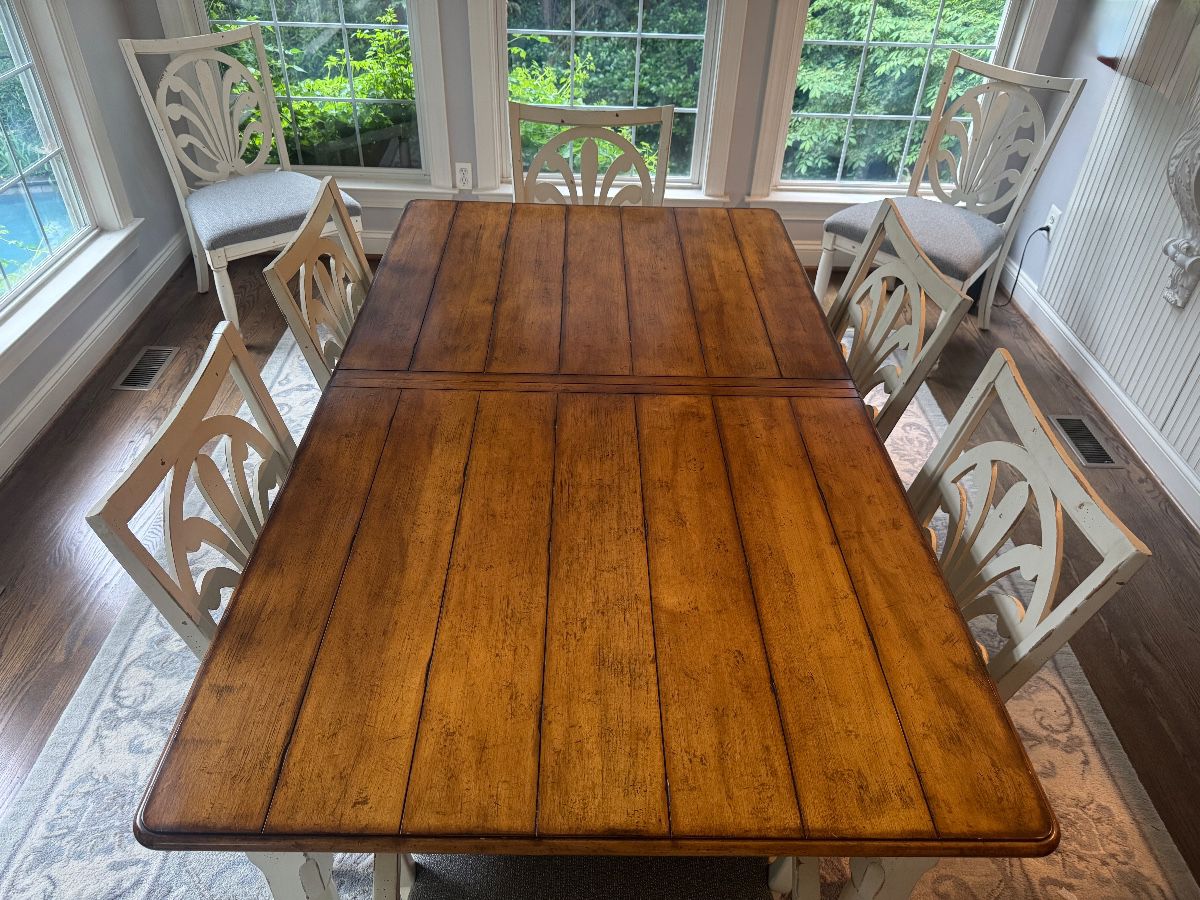 Drexel Studio Distressed Leg Rectuangular Dining Table (42"W x 30"H x 74"L with 1 Leaf 22"L) & Drexed Studio Distressed Dining Chairs (6 Side Chairs & 2 Armchairs - 24"W x 24"D x 37 Back Height)