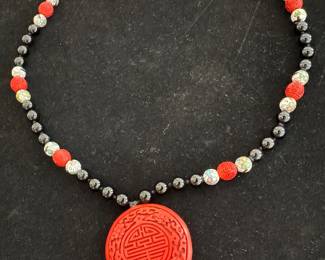 Vintage Carved Chinese Cinnabar Dragon with Glass Black Beads Necklace