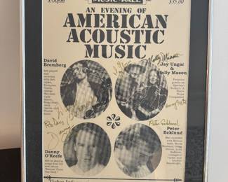 Framed Original "Tarrytown Music Hall: An Evening of American Acoustic Music; Friday October 13, 2000" Event Flyer Featuring and Autographed by: David Bromberg, Jay Unger & Molly Mason, Peter Ecklund & Danny O'Keefe