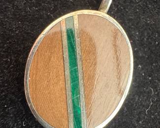 Sterling Silver with Malachite & Wood Pendant