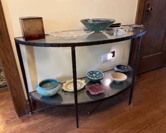 hammered metal demilune console table
