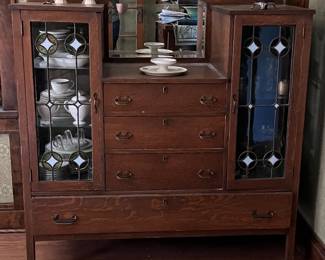 antique oak sideboard Craftsman / Mission style with stained glass front and sides of cabinets