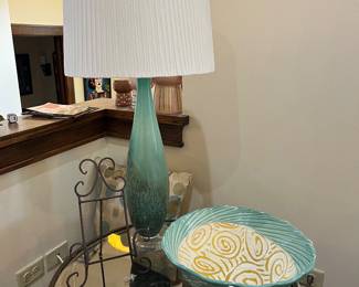 pair turquoise glass lamps + pair hammered metal & glass side tables