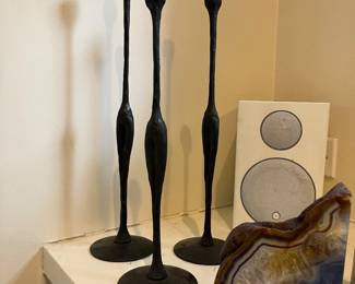 structural iron candlesticks, geode bookends