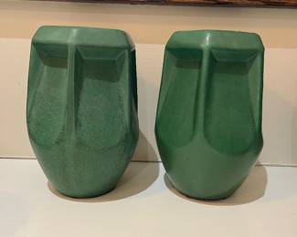 pair Weller Arts & Crafts green vases