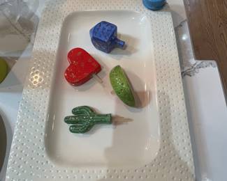 Nora Fleming swiss dot tray + retired minis Prickly Party cactus, XO heart, dreidel, bday cake