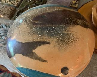 art pottery covered bowl in fish design