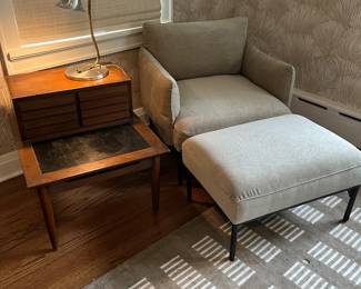 MCM side table & contemporary gray chair with ottoman