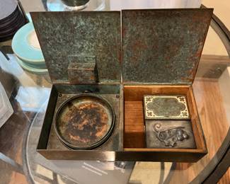 antique Silver Crest bronze and silver cigarette box with match boxes