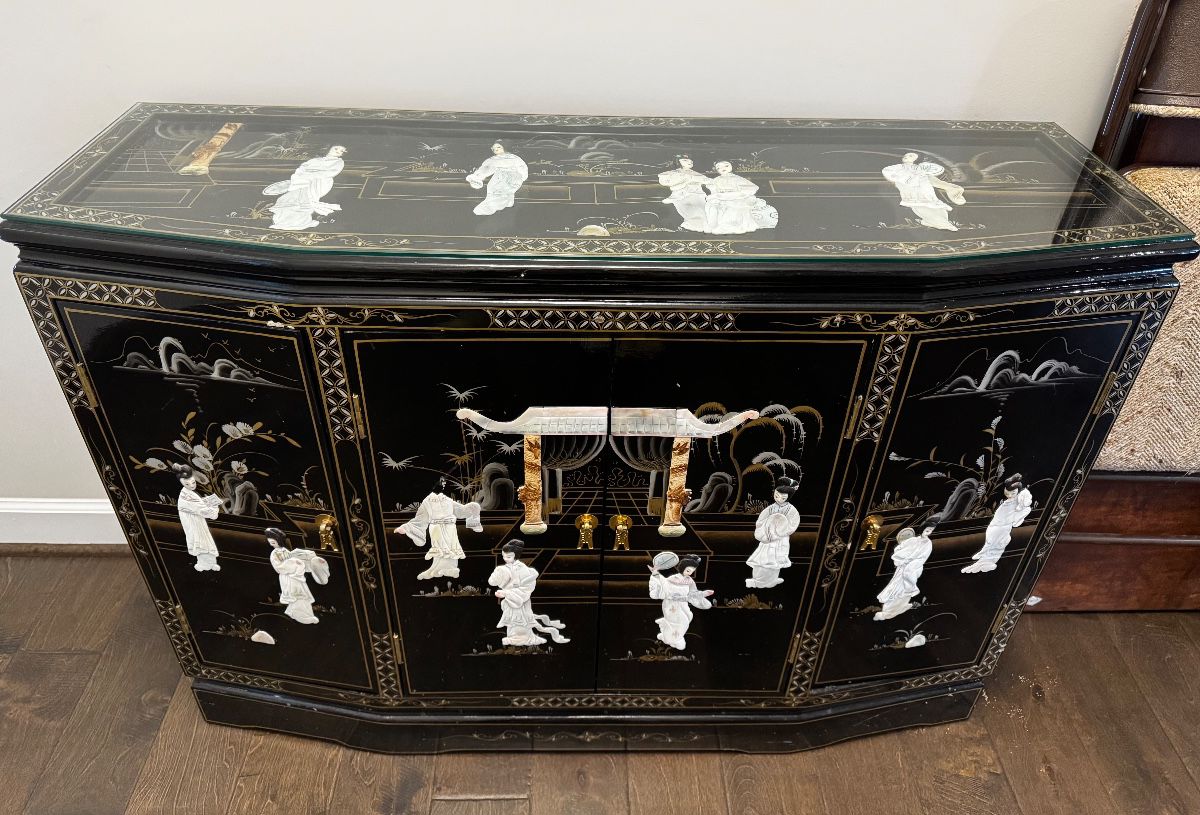 Oriental black lacquer sideboard with mother of pearl lady design