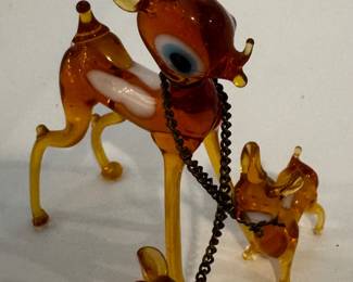 Hand Blown Miniature Amber Deer With Fawns