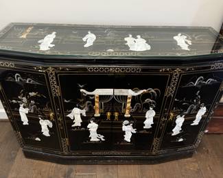 Oriental black lacquer sideboard with mother of pearl lady design